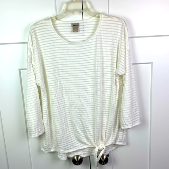 Chicos LARGE long Sleeve Knit Top White Side Tie Sheer Stripes - Picture 1 of 4